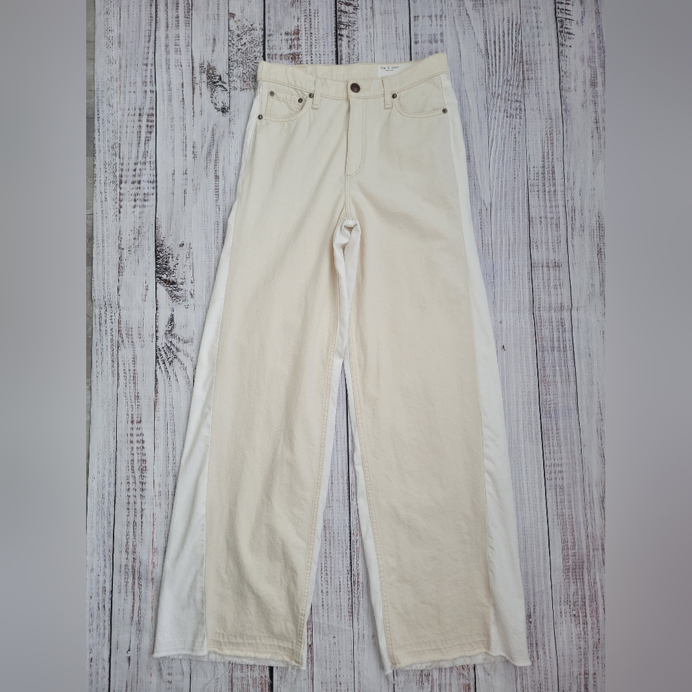 RAG & BONE Sofie Two Tone Ultra Wide Leg Jeans Double Ecru 27 Raw Hem